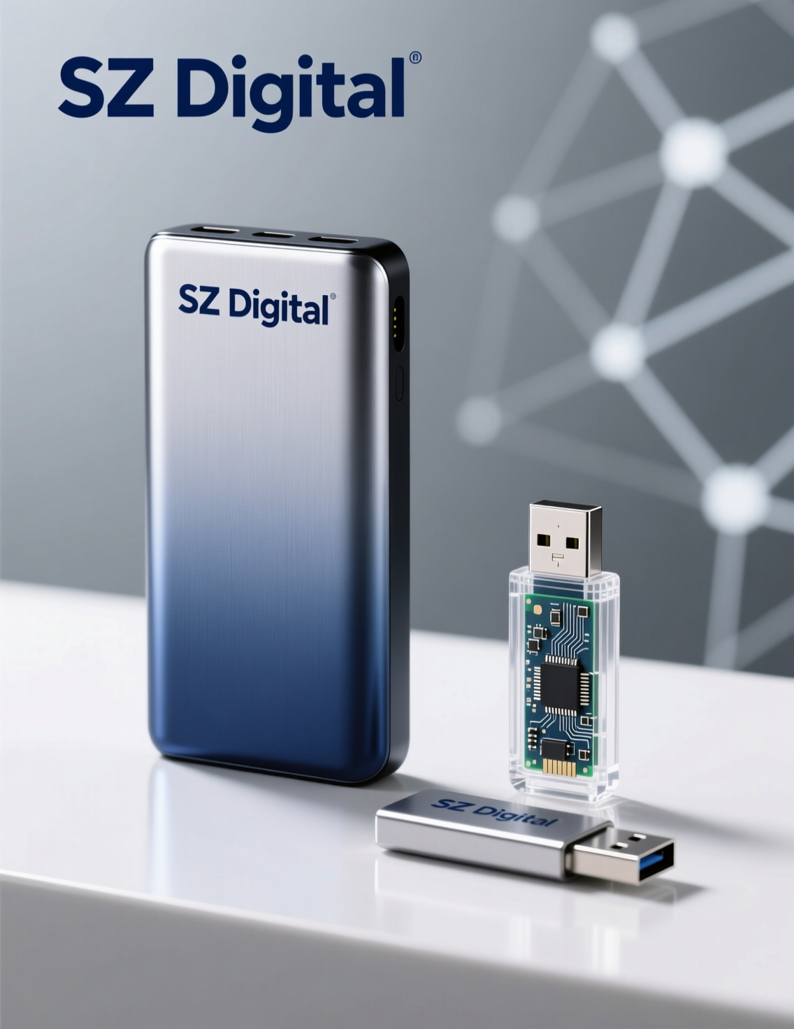 Пример электроники с логотипом: флешки, power bank, наушники — SZ Digital 